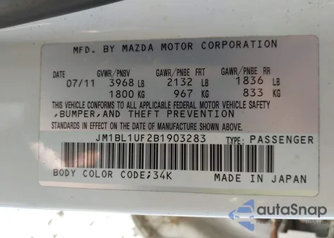 2011 Mazda Mazda3 I Sport z USA, uszkodzony, nr VIN JM1BL1UF2B1903283